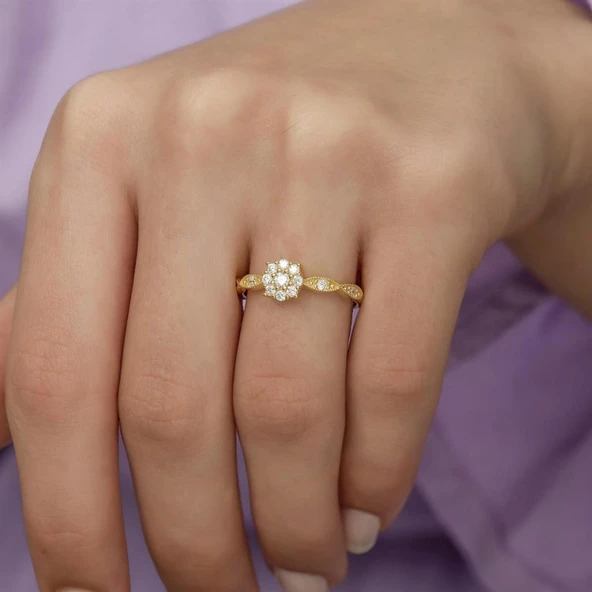 Altın Kaplama Zirkon Taşlı Papatya Model Gümüş Bayan Yüzük - Resim 8