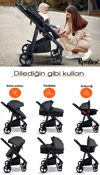Yeni Doğan Set 8 İn 1 Rose Mose 605 Travel Sistem Bebek Arabası + Baby Home 560 Bebek Oyun Parkı Yatak Beşik - 5