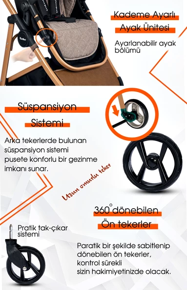 Yeni Doğan Set 8 İn 1 Rose Mose 605 Travel Sistem Bebek Arabası + Baby Home 560 Bebek Oyun Parkı Yatak Beşik - 12