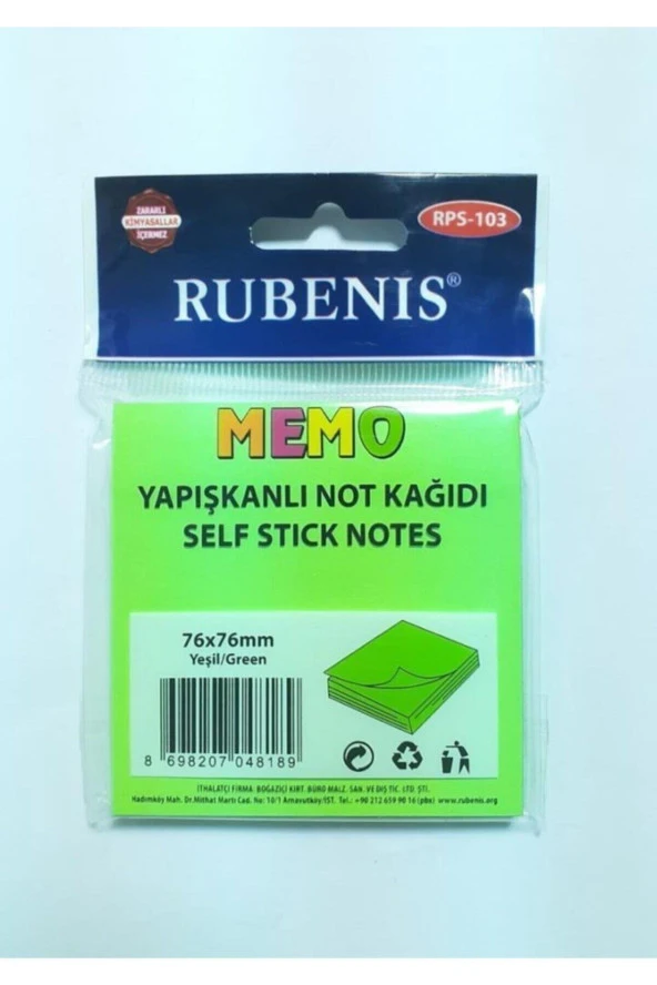Rubenis Yapışkanlı Not Kağıdı 76x76 MM Fosforlu Yeşil