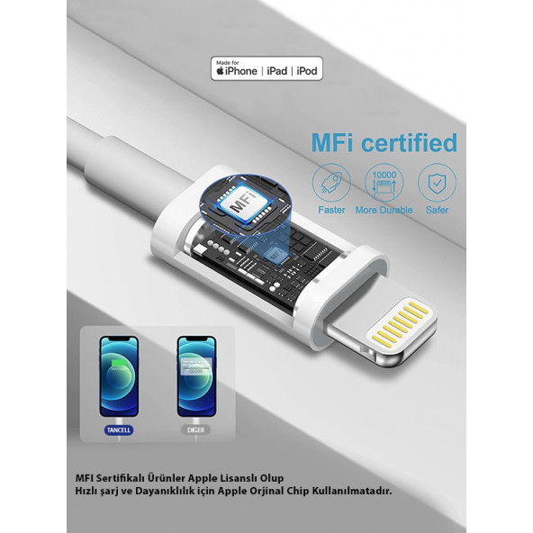 Tancell Orijinal Apple Mfi Lisanslı iPhone 20W PD TYPE-C Hızlı Şarj Adaptörü ve Type-C Lightning Kablo - 4