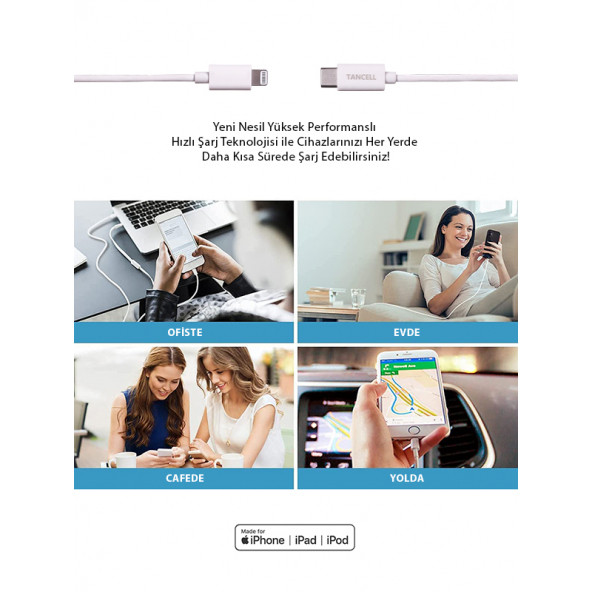 Tancell Orijinal Apple Mfi Lisanslı iPhone 20W PD TYPE-C Hızlı Şarj Adaptörü ve Type-C Lightning Kablo - 8