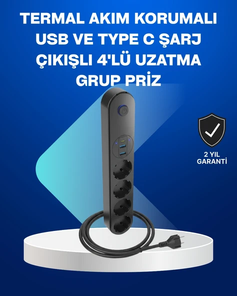Akıllı Akım Dengelemeli 4 lü Çoklu Priz Type-c Ve Usb Çıkışlı