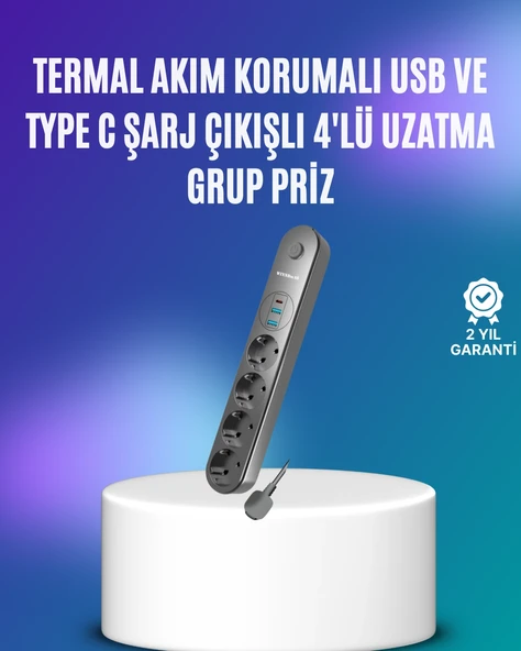 4 lü Çoklu Priz 2 Usb Type-c Girişli Akım Korumalı Siyah