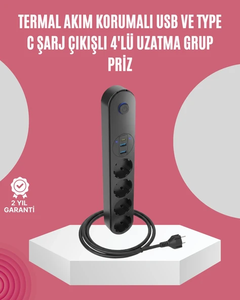 Led Anahtarlı Akım Korumalı Çoklu Priz 4 Priz 3 Usb Girişli