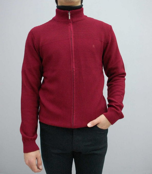 93094 Bordo Fermuarlı Triko Hırka - 2