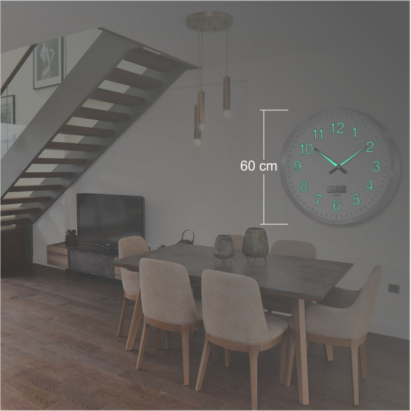 Büyük Dev 60 cm Aluminyum Çerçeveli Fosforlu Dijitalli Termometreli Düz Okunaklı Kadran Duvar Saati - 3