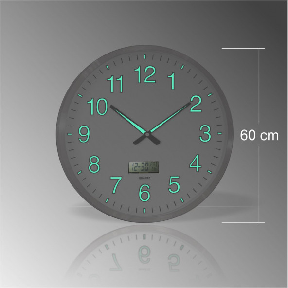 Büyük Dev 60 cm Aluminyum Çerçeveli Fosforlu Dijitalli Termometreli Düz Okunaklı Kadran Duvar Saati - 4