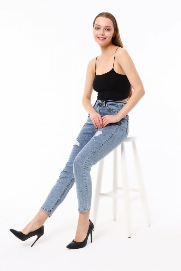 Mayın Lacivert Yüksek Bel Yıpratma Detaylı Skinny Jean - 2