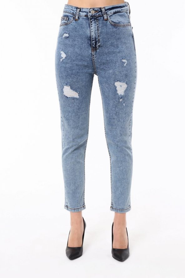 Mayın Lacivert Yüksek Bel Yıpratma Detaylı Skinny Jean - 3