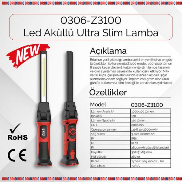 Brio Usb Şarjlı, Mıknatıslı, Askılı, Işık Ayarlı Led Fener, Led Lamba 1000 Lümen Güçlü Işık Tamirci Feneri - 2