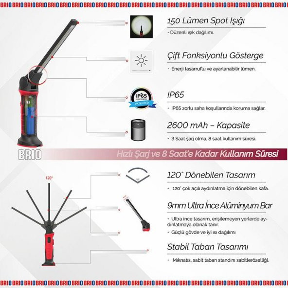 Brio Usb Şarjlı, Mıknatıslı, Askılı, Işık Ayarlı Led Fener, Led Lamba 1000 Lümen Güçlü Işık Tamirci Feneri - 4