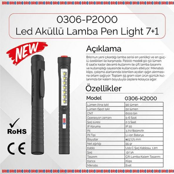 Brio Mıknatıslı Kalem Led Lamba Micro Usb Girişli Oto Tamirci Lambası, El Feneri 7+1 Kalem Lamba - 2