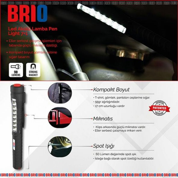 Brio Mıknatıslı Kalem Led Lamba Micro Usb Girişli Oto Tamirci Lambası, El Feneri 7+1 Kalem Lamba - 3