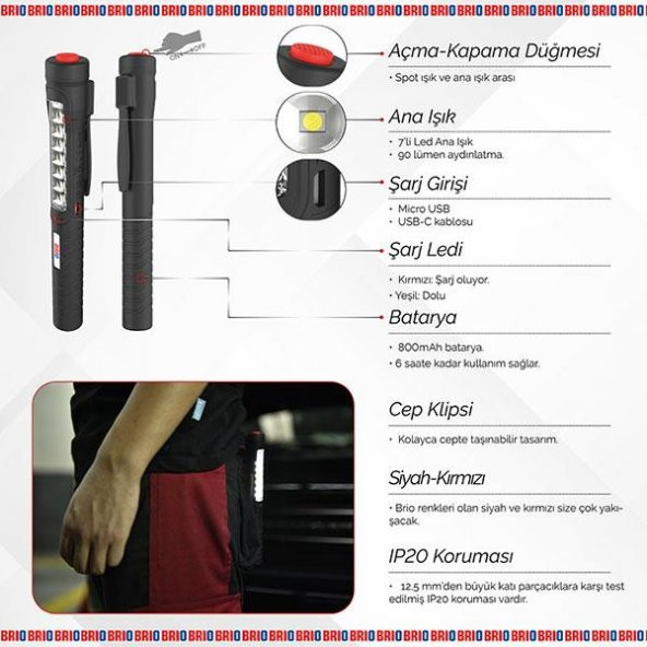 Brio Mıknatıslı Kalem Led Lamba Micro Usb Girişli Oto Tamirci Lambası, El Feneri 7+1 Kalem Lamba - 4