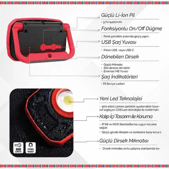 Brio Usb Şarjlı Suya ve Darbeye Dayanıklı, Ayarlanabilir Işıklı, Mıknatıslı, Askılı, Led Fener, Led Lamba 1000 Lümen Güçlü Işık - 4