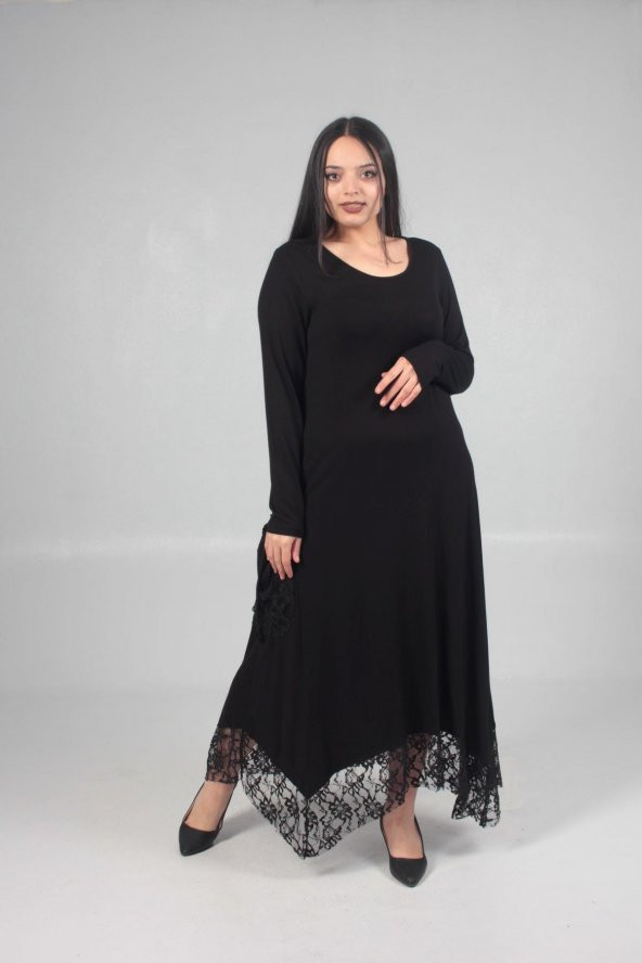 Truva Xxl Büyük Beden Kadın Giyim Dantel Detaylı Elbise Siyah ELB072