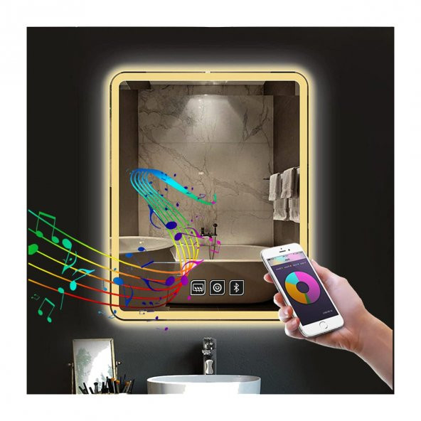 65x90 cm Müzik Çalarlı Dokunmatik Tuşlu Buğu Çözücü Ledli Banyo Aynası