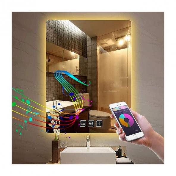60x70 cm Bluetoothlu Dokunmatik Tuşlu Buğu Çözücü Ledli Banyo Aynası