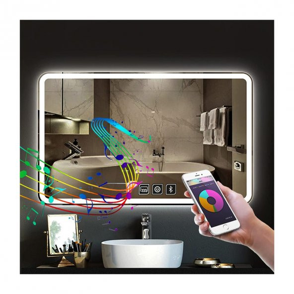 50x65 cm Bluetoothlu Dokunmatik Tuşlu Buğu Çözücü Ledli Banyo Aynası