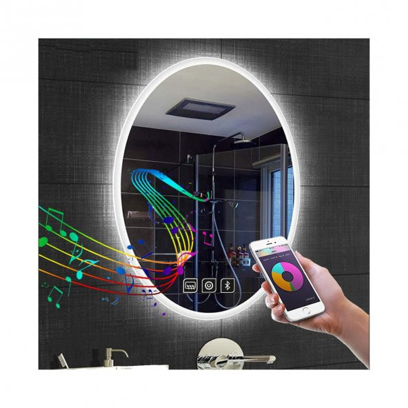 55x75 cm Bluetoothlu Dokunmatik Tuşlu Buğu Yapmayan Ledli Elips Banyo Aynası