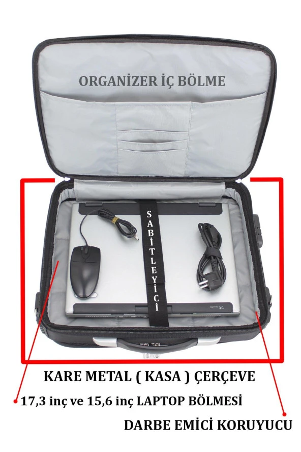 Unisex 17.3" Siyah Çelik Kasalı Laptop Evrak Notebook Bilgisayar Çantası - 3
