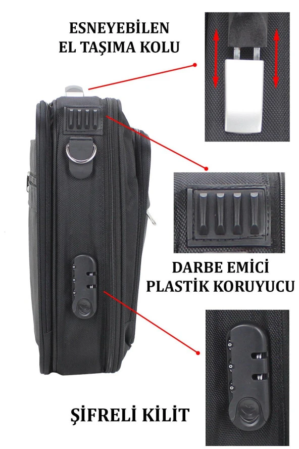 Unisex 17.3" Siyah Çelik Kasalı Laptop Evrak Notebook Bilgisayar Çantası - 5