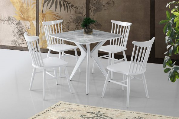Kare Mdf Mutfak Masası Ve 4 Adet Lüks Sandalye 80x80cm Beyaz