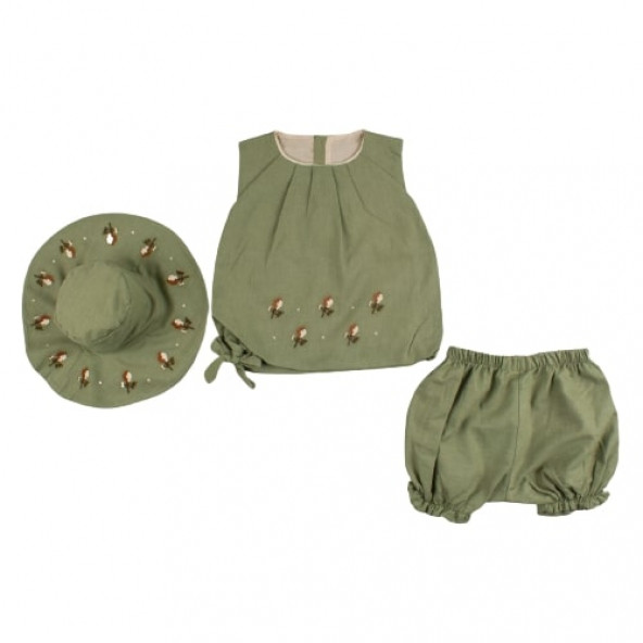 Keten 3'lü Yeşil Kız Bebek Şapkalı Takım