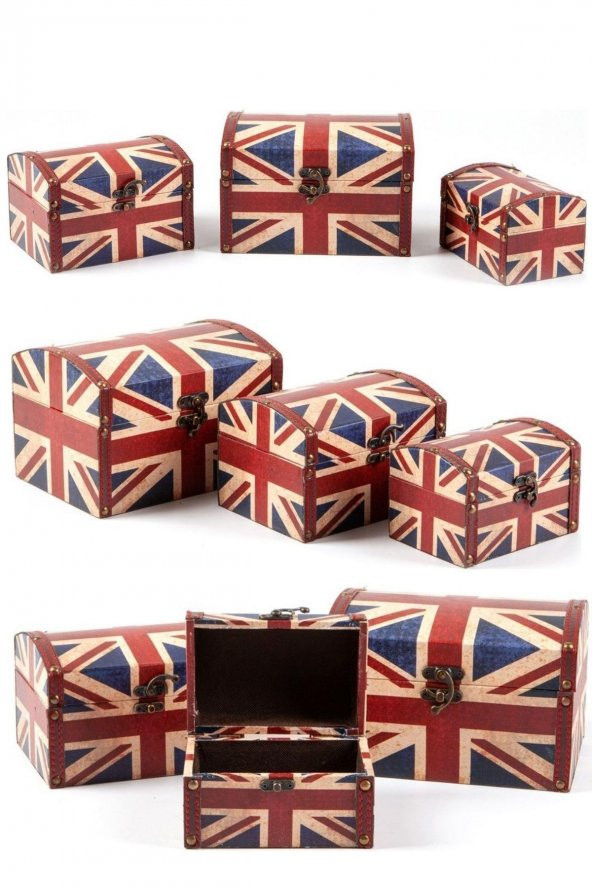Dekoratif Ahşap Üçlü Takı Kutusu İngiltere Bayrağı Temalı - 5