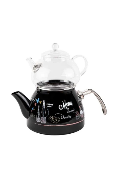 LOVE MENU CAM DEMLİKLİ EMAYE ÇAYDANLIK TAKIMI 980ML/2200ML