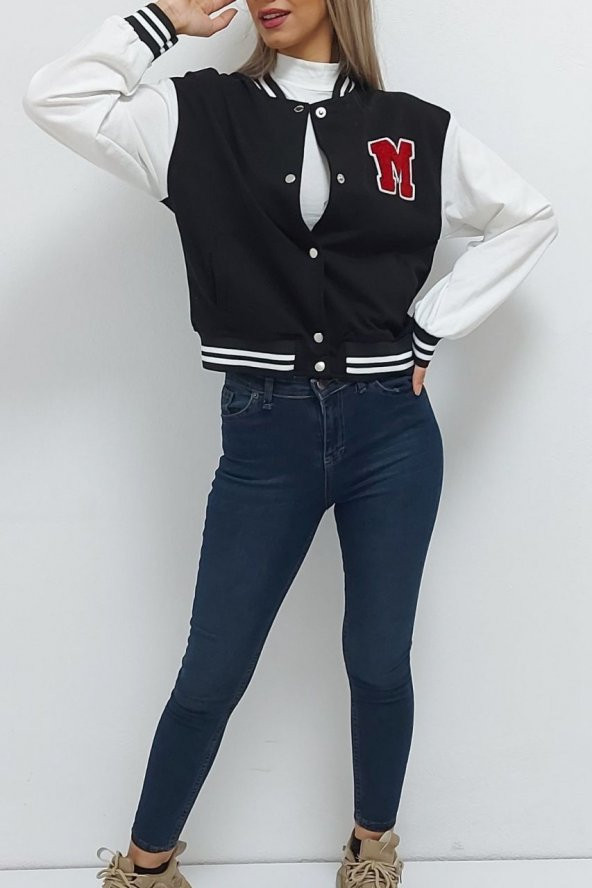 M Baskılı Kolej Yaka Sweatshirt Siyah - 1