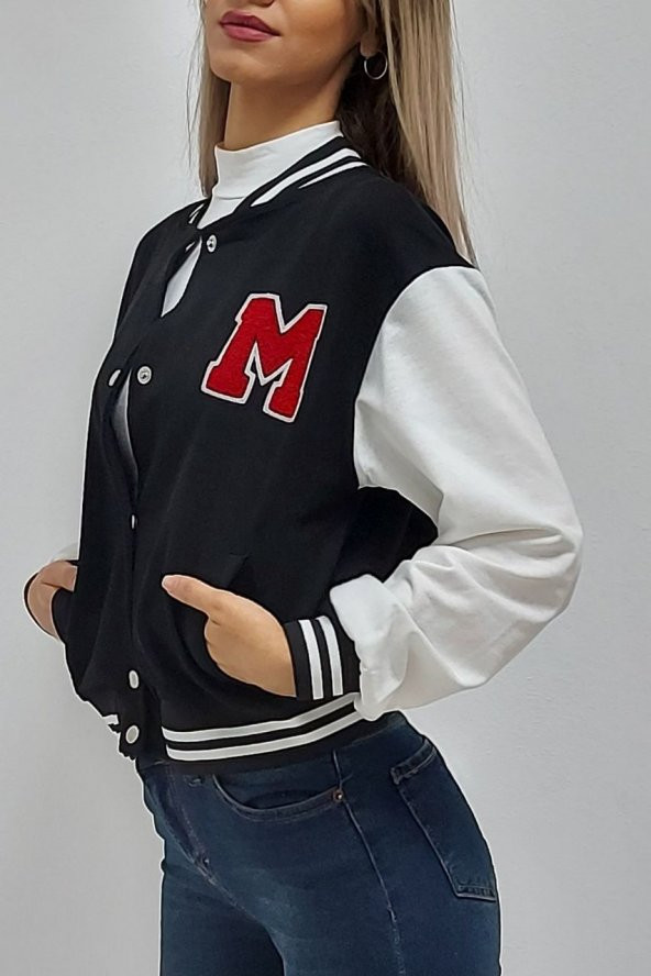M Baskılı Kolej Yaka Sweatshirt Siyah - 2