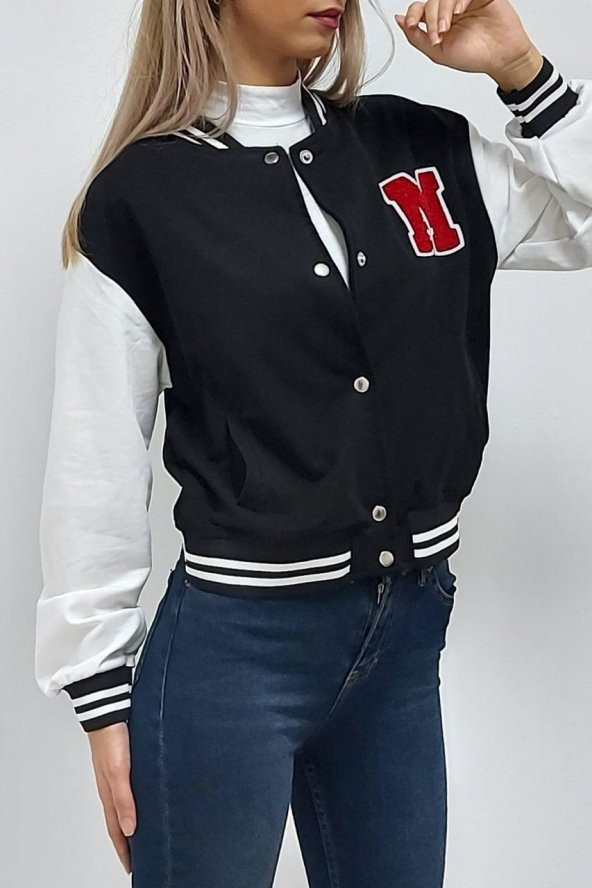 M Baskılı Kolej Yaka Sweatshirt Siyah - 3