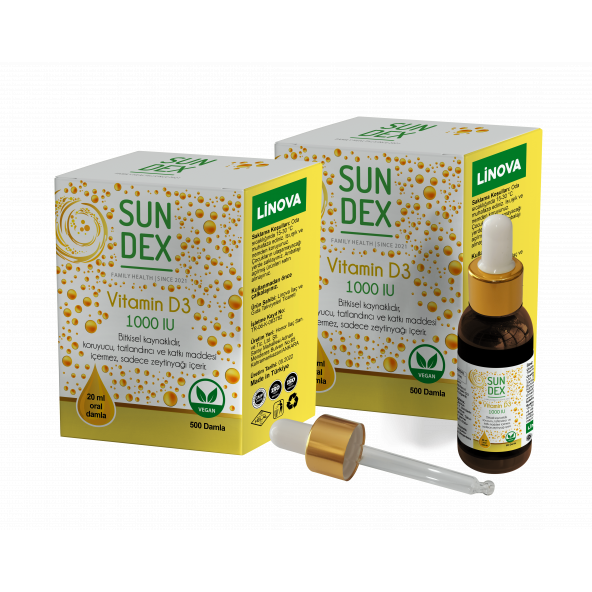 SUNDEX Vitamin D3 1000 IU 500 Damla 20 ml Bitkisel Kaynaklı 2'li Paket