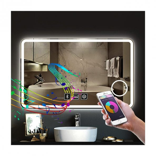 80x120 cm Bluetoothlu Makyaj Aynalı Buğu Yapmayan Ledli Banyo Aynası