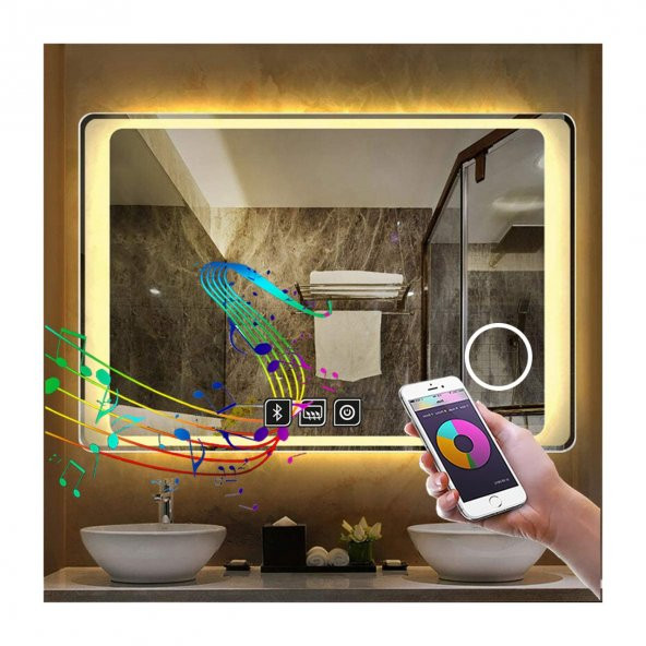 50x65 cm Bluetoothlu Makyaj Aynalı Buğu Yapmayan Ledli Banyo Aynası