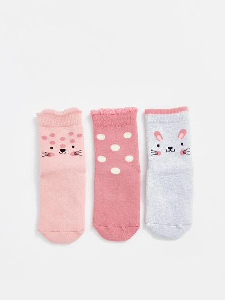 LCW baby Pembe Baskılı Kız Bebek Soket Çorap 3'lü