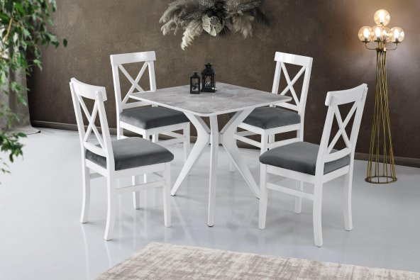 Kare Mdf Mutfak Masası Ve 4 Adet Lüks Sandalye 80x80cm Beyaz Gri