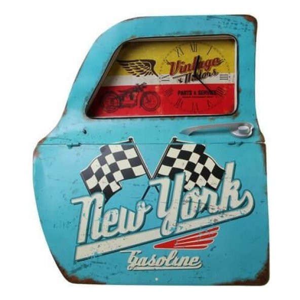 himarry Dekoratif Newyork Temalı Mavi Araba Kapısı Saatli Duvar Rafı