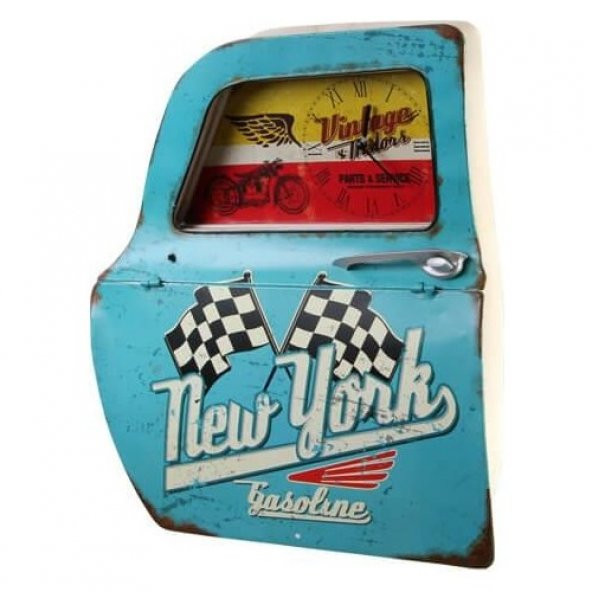 himarry Dekoratif Newyork Temalı Mavi Araba Kapısı Saatli Duvar Rafı - 2