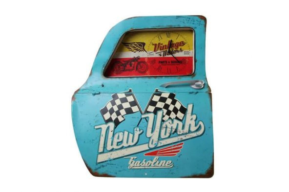 himarry Dekoratif Newyork Temalı Mavi Araba Kapısı Saatli Duvar Rafı - 3