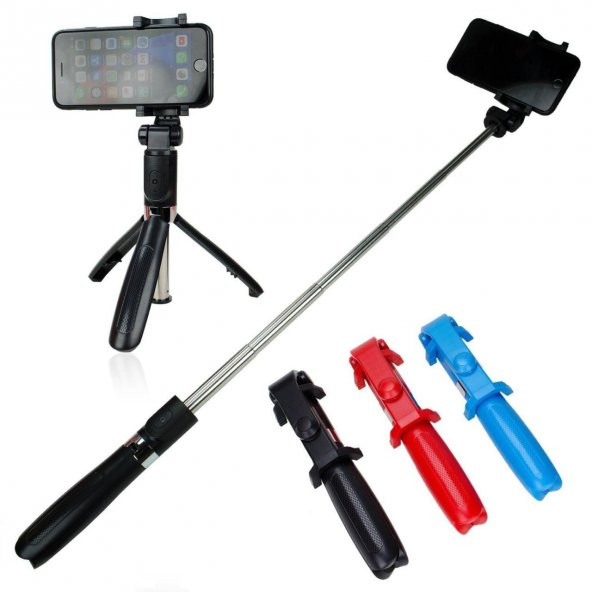 Selfie Stick L01 Bluetooth Selfie Çubuğu Tripod SİYAH KIRMIZI