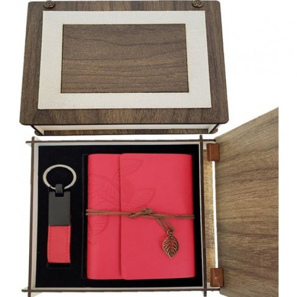 himarry Özel Ahşap Kutulu Kırmızı Deri Defter Ve Anahtarlık Set