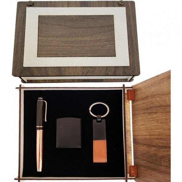 Özel Ahşap Kutulu Bakır Roller Kalem Anahtarlık Ve Çakmak Set