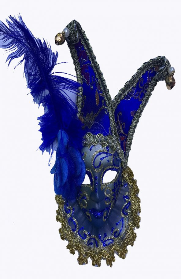 Parti Malzemesi Çıngıraklı Dekoratif Tüylü Seramik Maske Mavi Renk