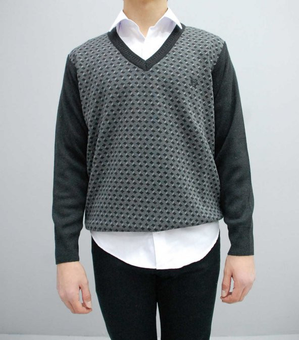 8153 Füme Desenli V Yaka Triko Kazak - 2