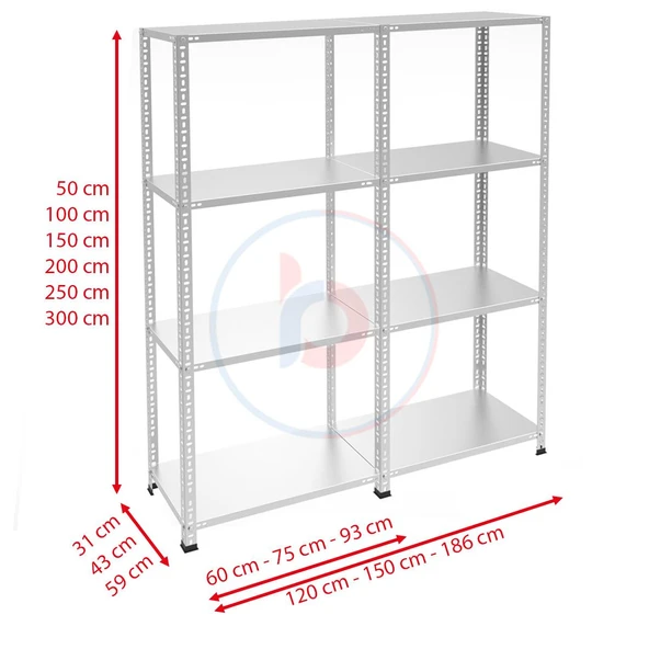 4 Katlı Duble Galvaniz Çelik Raf - Depo, Arşiv, Kiler, Dosya, Market Rafı  43x75 cm 200 cm 1.50 mm - Resim 2