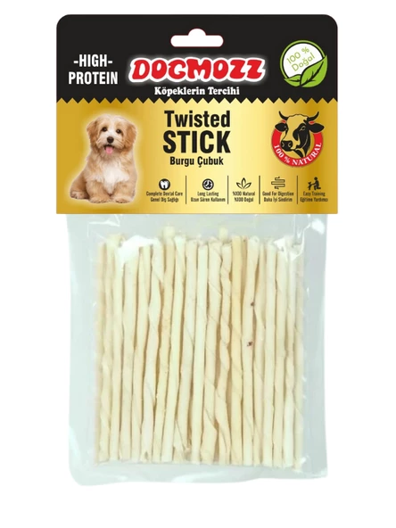 DogMozz Premium Stick Kalın Burgu Deri Çubuk Beyaz 50 Adet