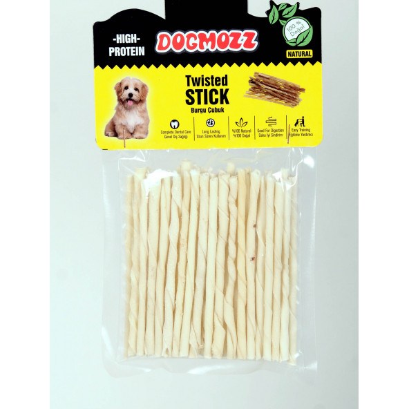 DogMozz Premium Stick Kalın Burgu Deri Çubuk Beyaz 50 Adet